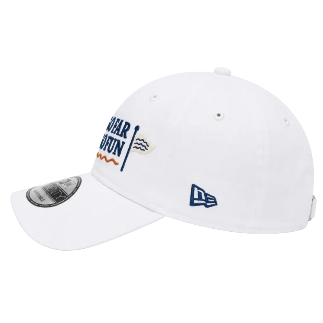 A white baseball cap featuring 'New Orleans' embroidered in navy blue and orange on the side, alongside a small flag patch. The cap also has a navy blue New Era logo on the front and a silver metallic visor sticker.