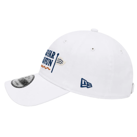 A white baseball cap featuring 'New Orleans' embroidered in navy blue and orange on the side, alongside a small flag patch. The cap also has a navy blue New Era logo on the front and a silver metallic visor sticker.