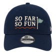 A navy blue New Era 9TWENTY cap featuring embroidered text that reads 'SO FAR SO FUN' in cream, an orange wavy line, and a small teal flag on the front, shown against a plain white background.