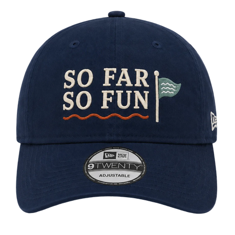 A navy blue New Era 9TWENTY cap featuring embroidered text that reads 'SO FAR SO FUN' in cream, an orange wavy line, and a small teal flag on the front, shown against a plain white background.
