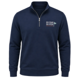 A navy blue quarter-zip sweatshirt with a mock neck collar, featuring a white and blue 'SO FAR SO FUN' golf graphic on the left chest, displayed on a light gray background.