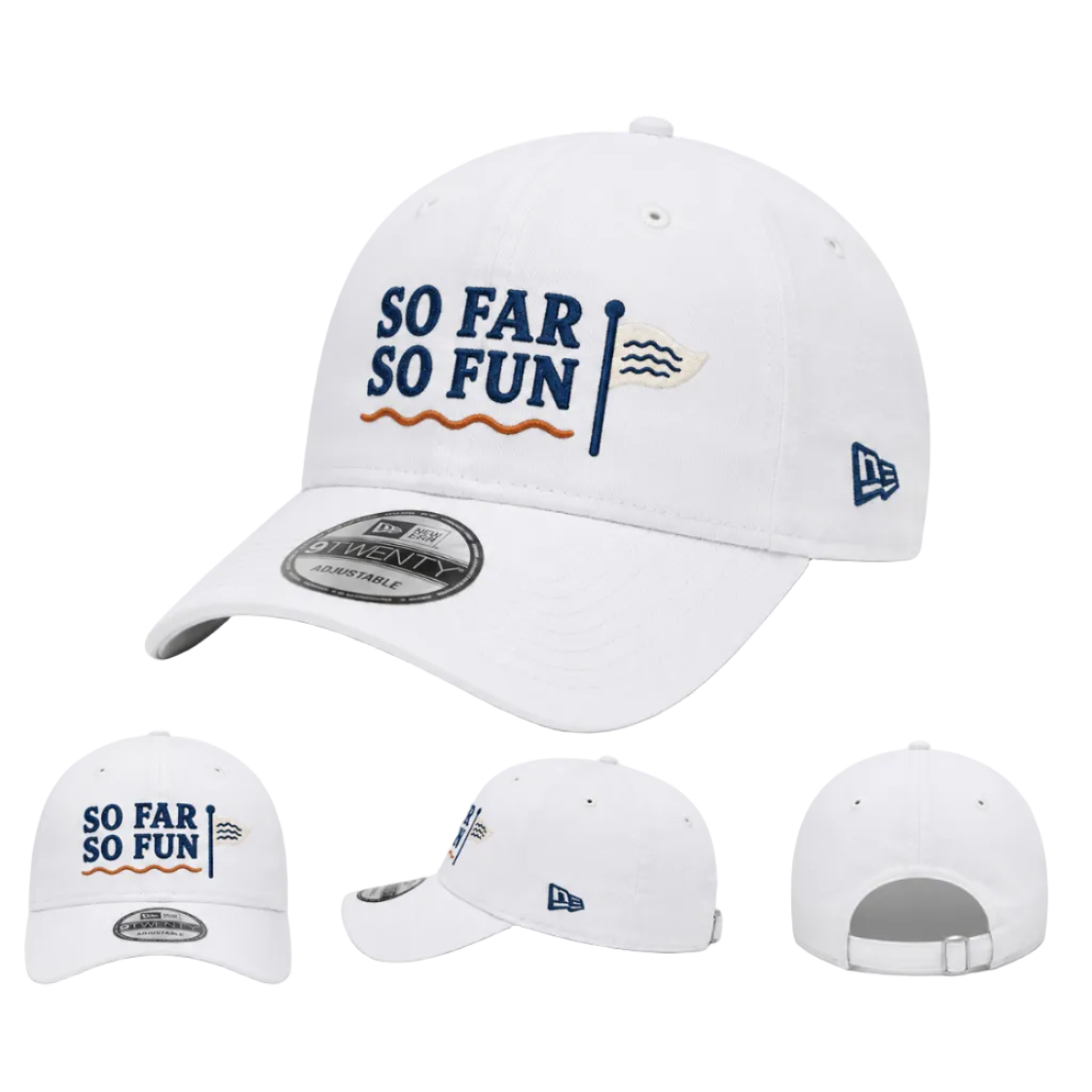 White New Era baseball cap with 'SO FAR SO FUN' text in navy blue and orange on the front, shown from the front with three smaller alternate views below on a light gray background.