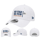 White New Era baseball cap with 'SO FAR SO FUN' text in navy blue and orange on the front, shown from the front with three smaller alternate views below on a light gray background.