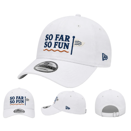 White New Era baseball cap with 'SO FAR SO FUN' text in navy blue and orange on the front, shown from the front with three smaller alternate views below on a light gray background.