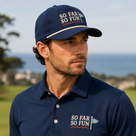 A man wearing a navy blue polo shirt and matching baseball cap with 'SO FAR SO FUN' branding, photographed outdoors on a golf course.
