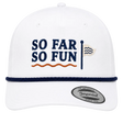 A white baseball cap with navy blue and orange embroidered graphics on the front that read 'SO FAR SO FUN' alongside a small flag motif. A navy blue rope detail runs across the front, and a silver oval sticker on the brim reads 'Imperial'.