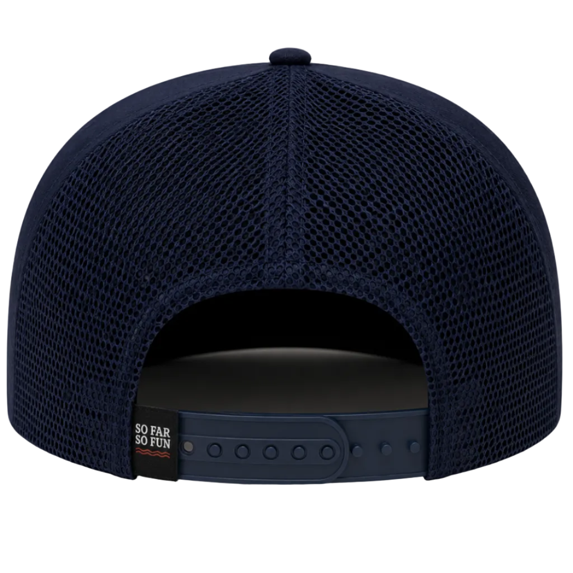 Rear view of a navy blue mesh snapback cap with a dark navy adjustable strap and a small black brand tag reading 'SO FAR SO FUN'.