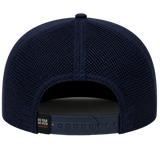 Rear view of a navy blue mesh snapback cap with a dark navy adjustable strap and a small black brand tag reading 'SO FAR SO FUN'.