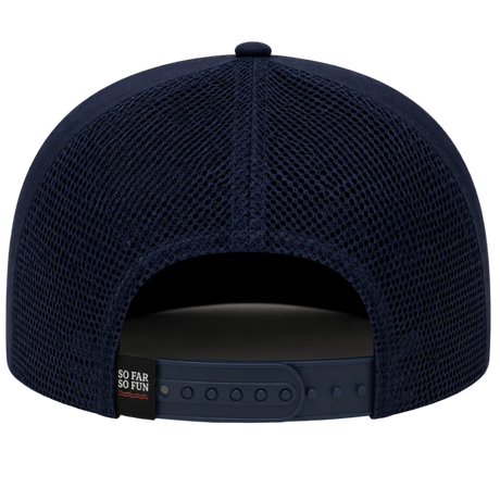 Rear view of a navy blue mesh snapback cap with a dark navy adjustable strap and a small black brand tag reading 'SO FAR SO FUN'.