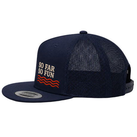 A navy blue trucker-style snapback cap with a flat brim, mesh back panels, and embroidered text reading 'SO FAR SO FUN' above three wavy red lines on the front panel.