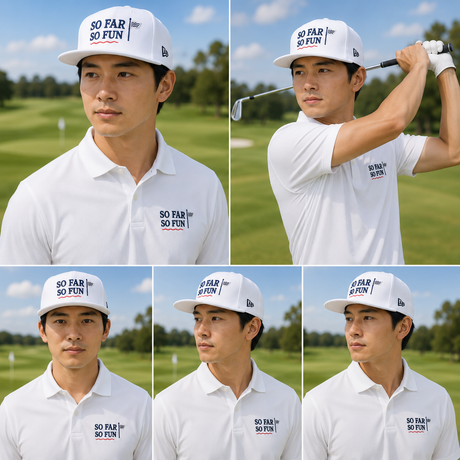 A five-panel collage showing a man on a golf course wearing a white polo shirt and matching white cap. The shirt has a small 'SO FAR SO FUN' logo on the chest, and the cap also displays the same branding.