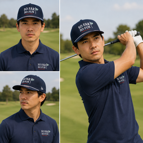 A three-panel lifestyle photo of a male golfer wearing a navy blue polo shirt and matching cap with 'SO FAR SO FUN' printed on the chest and cap. The background is a golf course under a cloudy sky.