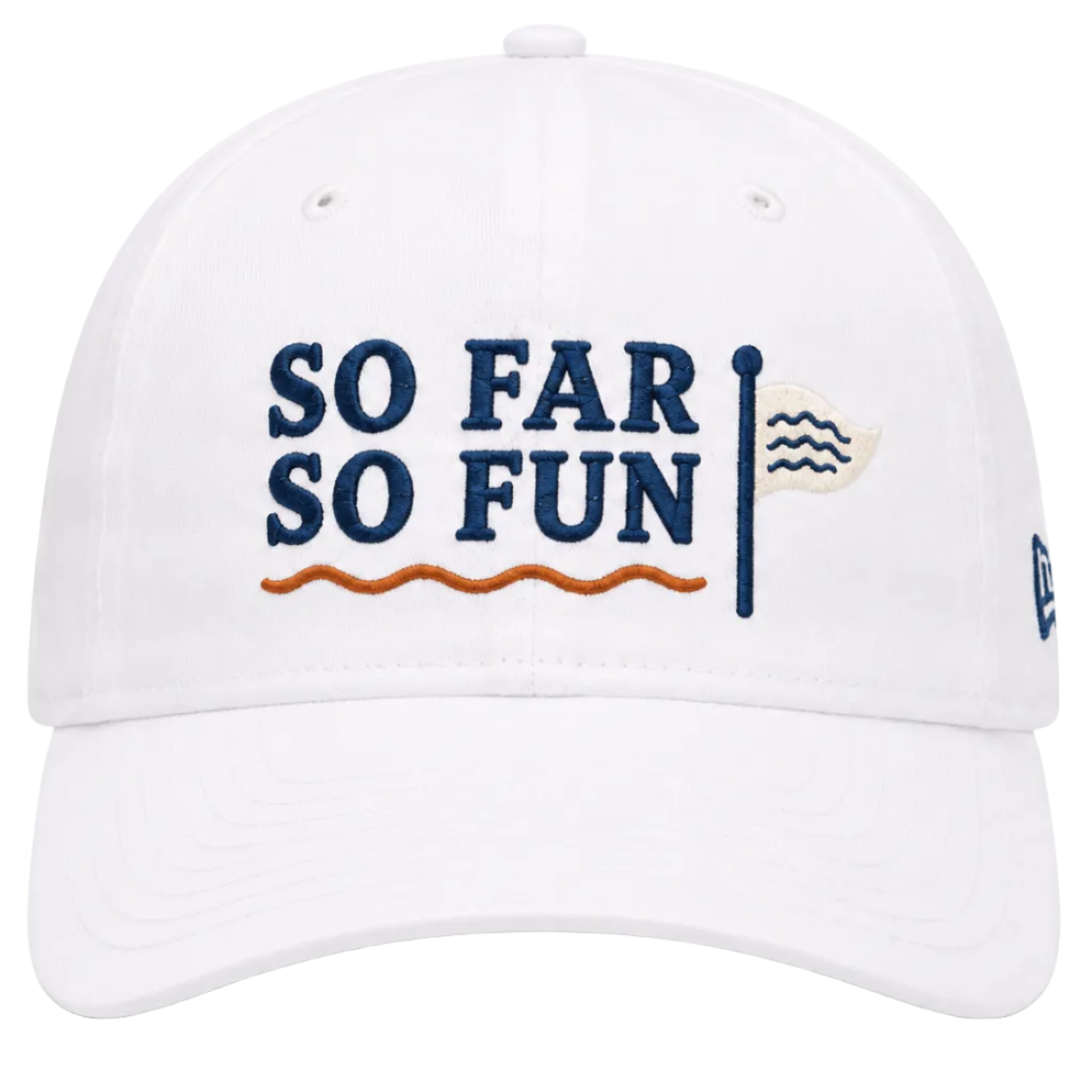 A white baseball cap featuring the embroidered text 'SO FAR SO FUN' in navy blue, a navy flagpole with a small white sail, and an orange wavy line underneath, shown on a plain white background.