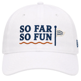 A white baseball cap featuring the embroidered text 'SO FAR SO FUN' in navy blue, a navy flagpole with a small white sail, and an orange wavy line underneath, shown on a plain white background.