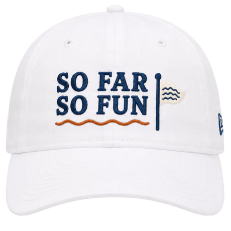 A white baseball cap featuring the embroidered text 'SO FAR SO FUN' in navy blue, a navy flagpole with a small white sail, and an orange wavy line underneath, shown on a plain white background.