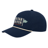 A navy blue baseball cap with 'SO FAR SO FUN' embroidered in cream on the front, a small teal and white flag graphic, and a thin orange wavy line beneath the text. A cream rope detail runs across the brim.