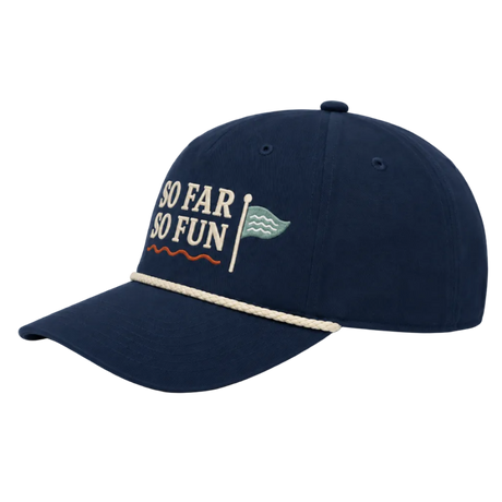 A navy blue baseball cap with 'SO FAR SO FUN' embroidered in cream on the front, a small teal and white flag graphic, and a thin orange wavy line beneath the text. A cream rope detail runs across the brim.