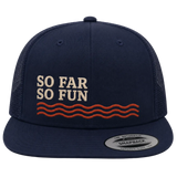 A navy blue snapback cap with 'SO FAR SO FUN' embroidered in cream on the front, above three wavy red lines, shown against a light beige background.