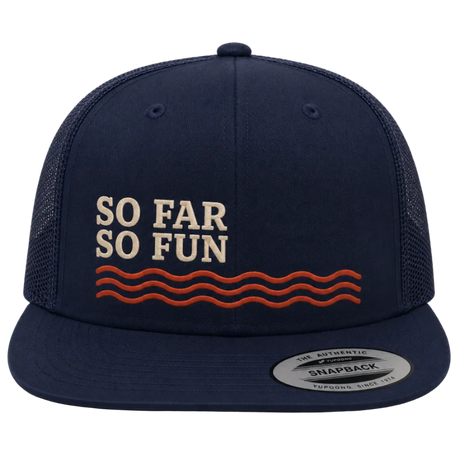 A navy blue snapback cap with 'SO FAR SO FUN' embroidered in cream on the front, above three wavy red lines, shown against a light beige background.